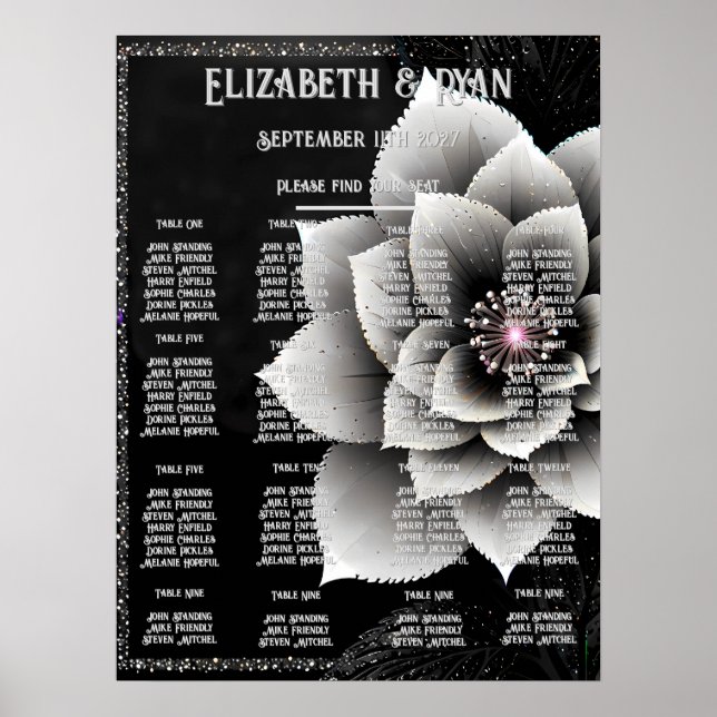 Zeitlose Eleganz: Schwarz & Silber Blossom Hochzei Poster (Vorne)