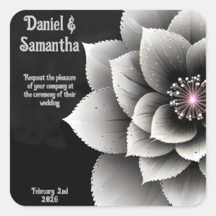 Zeitlose Eleganz: Schwarz & Silber Blossom Hochzei Quadratischer Aufkleber