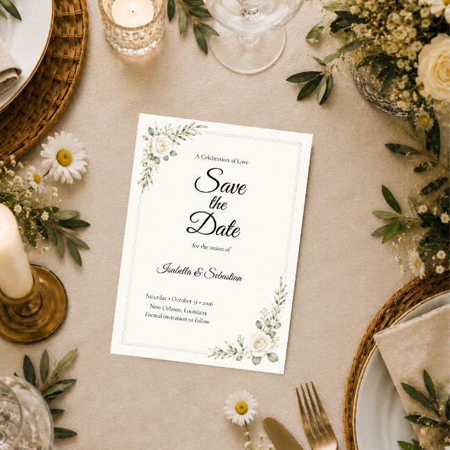 Zeitlose Elfenbein-Rosen-Minimalismus-Hochzeit Save The Date (Von Creator hochgeladen)