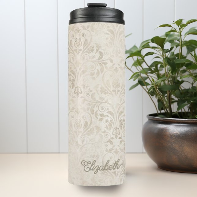 Zeitlose Elfenbeinküste und Vintages Damaskusmuste Thermosbecher (Timeless Ivory and Beige Vintage Damask Pattern Thermal Tumbler)