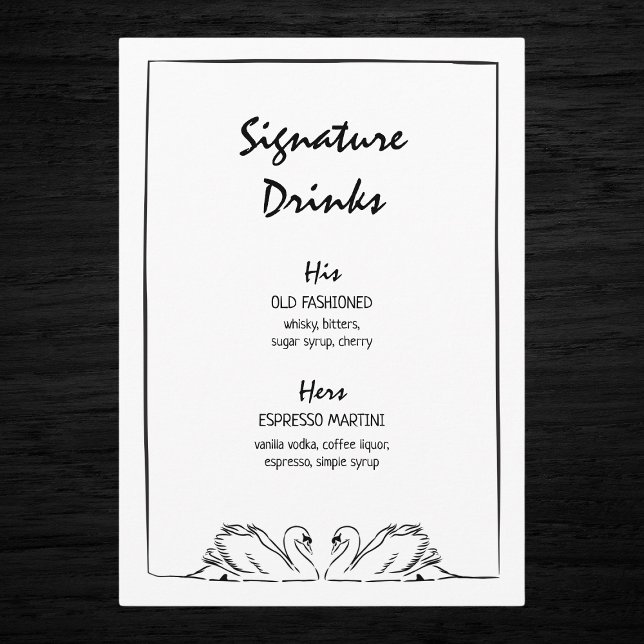 Zeitlose handgezogene Swan-Signature-Drinks Hochze Menükarte (Stylish wedding signature drinks menu featuring "His" and "Hers" cocktails with elegant swan design.)