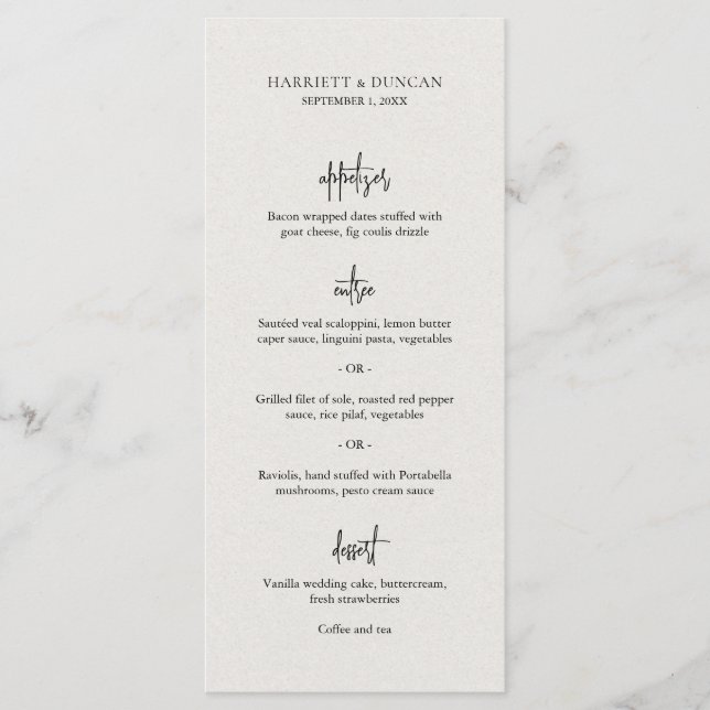 Zeitlose neutrale Beige Elegante Hochzeit Menükarte (Vorderseite)