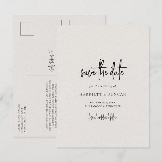 Zeitlose neutrale Beige Hochzeit retten das Datum Ankündigungspostkarte (Vorne/Hinten)