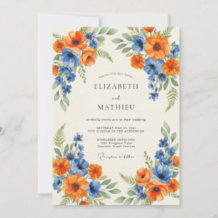 Zeitlose Orange-Kobalt-Mohn-Hochzeit Einladung