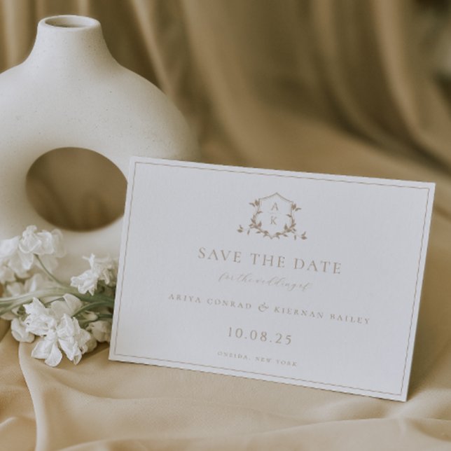 Zeitlose Reben Beige Wappen Monogram Hochzeit Save The Date (Von Creator hochgeladen)