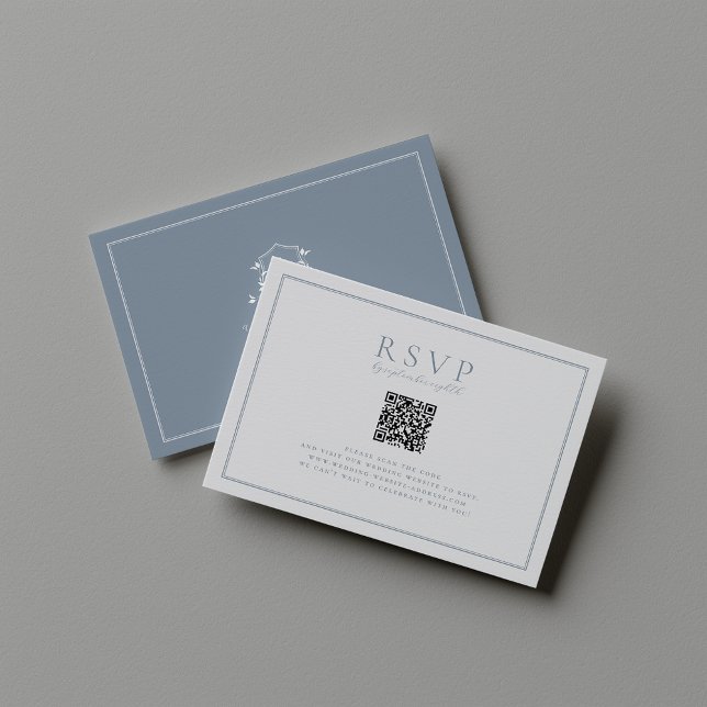 Zeitlose Reben Dusty Blue Wappen QR Code RSVP Karte (Von Creator hochgeladen)
