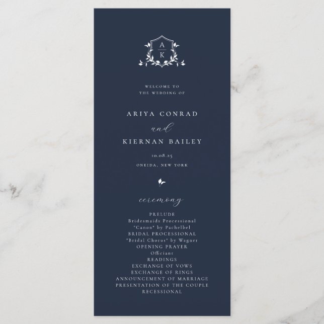 Zeitlose Reben Monogram Wappen Navy Blue Programm (Vorderseite)