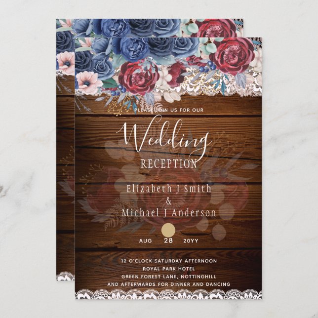 Zeitlose rustikale Blue Burgundy Blumenzange Hochz Einladung (Vorne/Hinten)