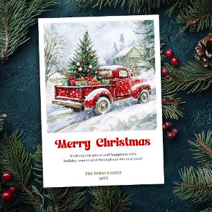 Zeitlose rustikale rote LKW-Weihnachtsszene-Grußka Feiertagskarte