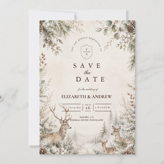 Zeitlose rustikale Winterhochzeit Save The Date (Vorderseite)