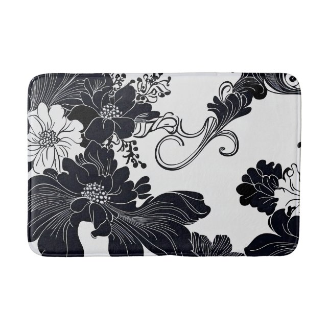 Zeitlose Schwarz-Weiß-Elegante Florals Badematte (Vorderseite)