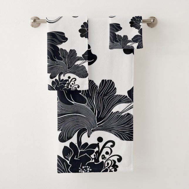 Zeitlose Schwarz-Weiß-Elegante Florals Badhandtuch Set (Insitu)