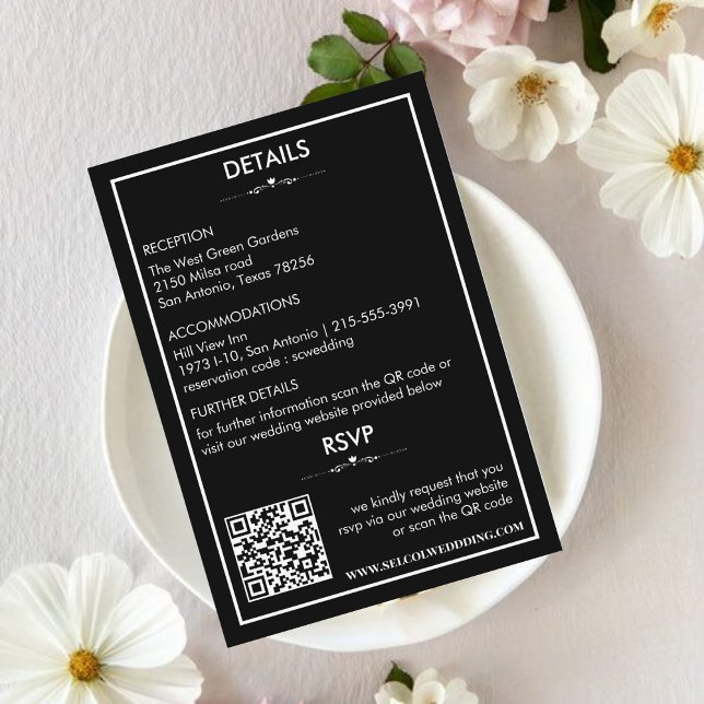 Zeitlose Schwarz-Weiß-Hochzeitdetails/Rsvp-Karte Begleitkarte (Von Creator hochgeladen)