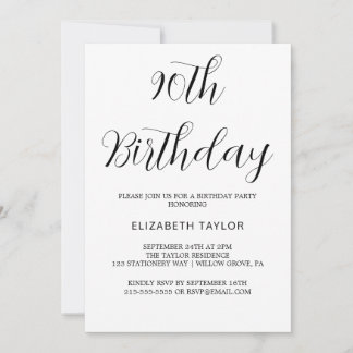 Zeitlose schwarze Kalligrafie 90. Geburtstag Einladung