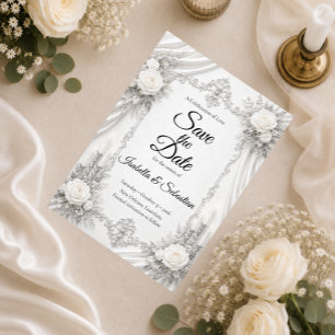 Zeitlose Silber-Elfenbein-Eleganz Hochzeit Save The Date