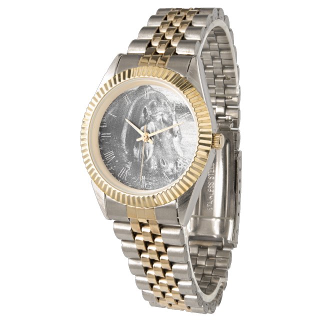 **"Zeitlose Stärke: Grauschwarz und Weiß Hippo Armbanduhr (Schrägansicht)