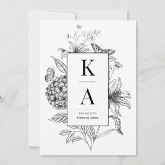 Zeitlose Vintage Schwarz-Weiß-Blumenhochzeit Einladung