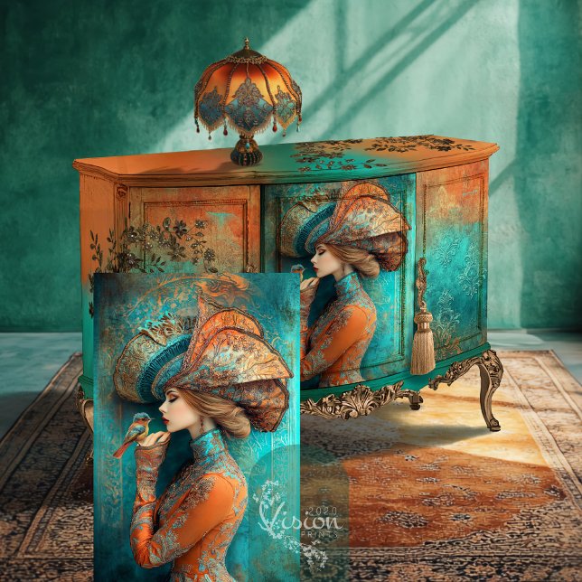 Zeitlose Whispers Vogel Lady in einem Hat Portrait Seidenpapier (Lady in a big hat, with a bird Fashion Fantasy Vibrant Detailed Portrait Art Decoupage Tissue Paper)