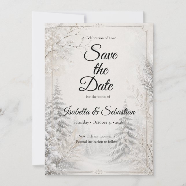 Zeitlose Winterwald-Eleganz-Hochzeit Save The Date (Vorderseite)