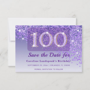 Zeitloser 100. Geburtstag Lila Glitter Frosted Save The Date