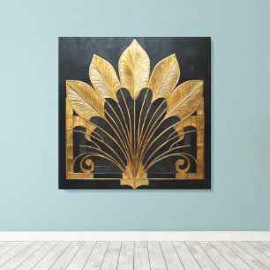 Zeitloser Art Deco Gold Feder Fächer auf Faux Text Leinwanddruck