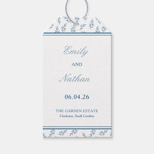 Zeitloser Blue Garden Elegante Klassische Hochzeit Geschenkanhänger (Vorderseite)