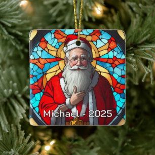 Zeitloser Glasmalerei-Weihnachtsmann Keramikornament
