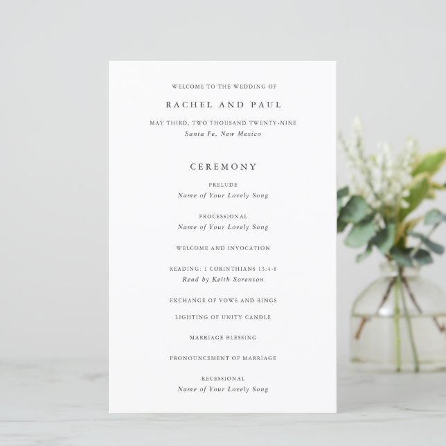Zeitloser Klassiker Formales Hochzeitsprogramm (Stehend Vorderseite)