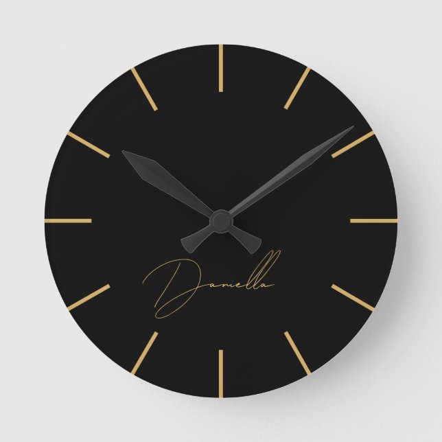 Zeitloser Name für Black & Gold Luxus Skript Runde Wanduhr (Vorderseite)