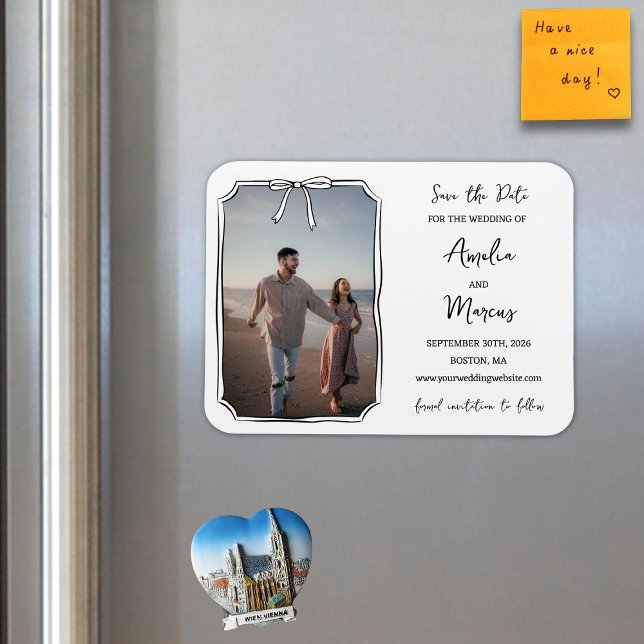 Zeitloser Schwarz-Weiß-Chic-Bow Save the Date Magnet (Save the date with this elegant magnet featuring a custom photo, hand-drawn bow, and modern details.)