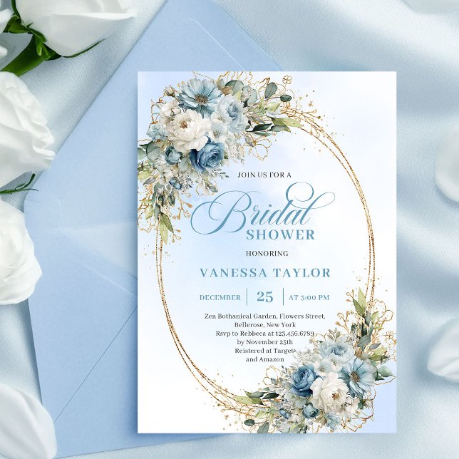 Zeitloser Staubblauer Blumen-Script Brautparty  Einladung (Timeless Dusty Blue Floral Script Bridal Shower Invitation)