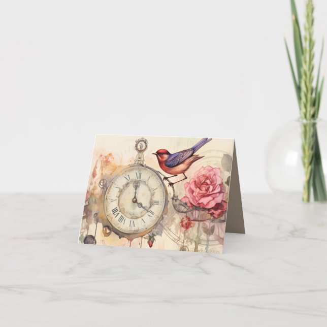 Zeitloser Vintager Uhrenvogel Einladung (Vorderseite)