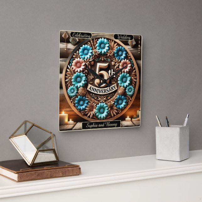 Zeitloses 5. Jubiläum Blumendesign Quadratische Wanduhr (Büro)