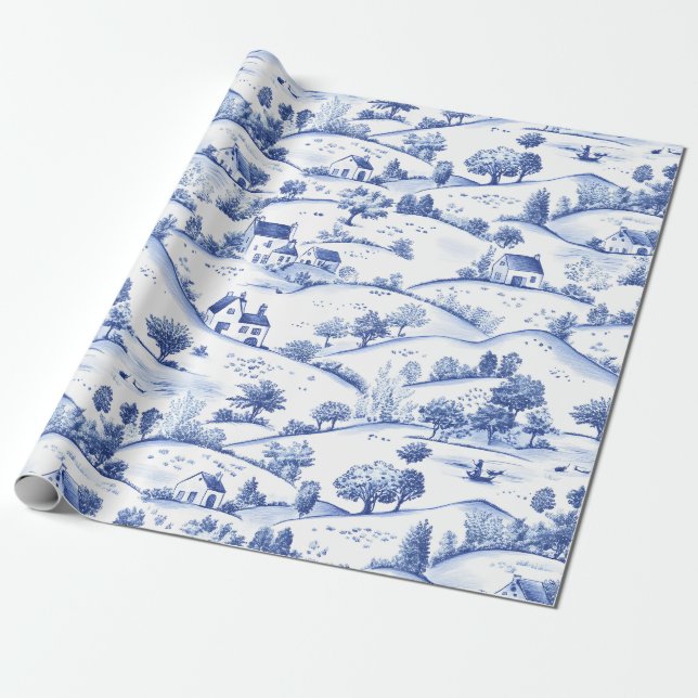 Zeitloses blaues Toile Pastoral Französisches Land Geschenkpapier (Ungerollt)