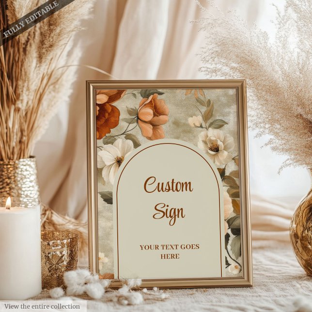 Zeitloses Boho-Kupfer-Beige-Oliv-Blumenmuster nach Poster (Timeless Boho Copper Beige Olive Floral Custom Sign)