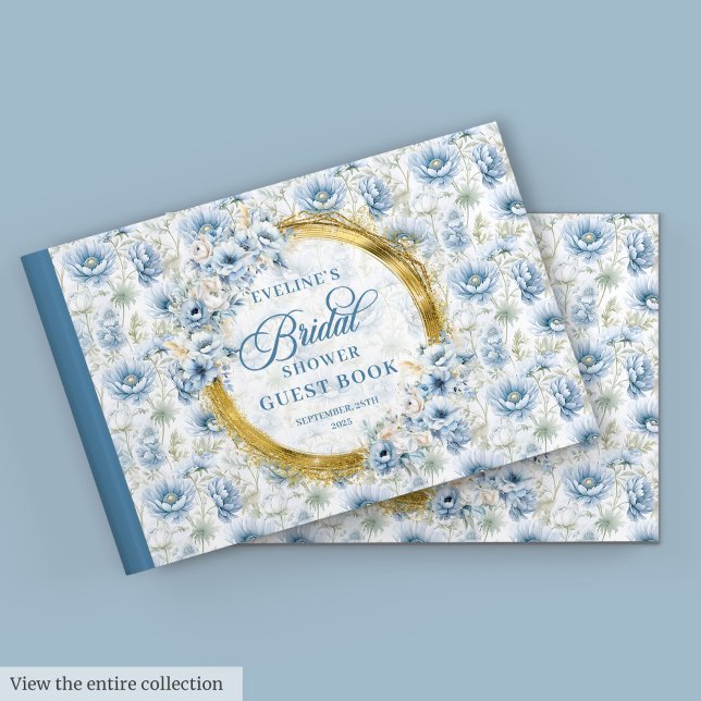 Zeitloses Boho Pale Blue Gold Floral Brautparty Gästebuch (Timeless Boho Pale Blue Gold Floral Bridal Shower Guest Book)