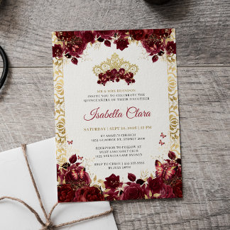 Zeitloses Burgunder-Rosen-Quinceanera in Gold Einladung