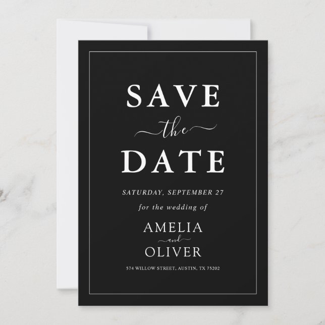 Zeitloses Dunkles Schwarzes Modernes Minimalistisc Save The Date (Vorderseite)