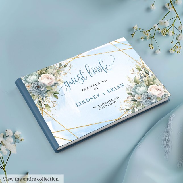Zeitloses Dusty Blue White Gold Floral Gästebuch (Timeless Dusty Blue White Gold Floral Guest Book)