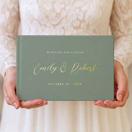 Zeitloses Gold Calligraphy Sage Green Wedding Foto Gästebuch