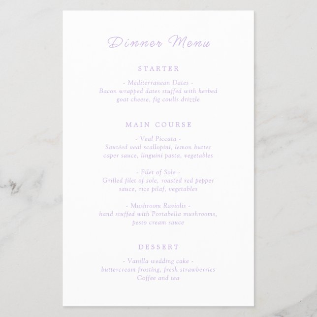 Zeitloses Lilac Classic Budget Wedding Menu Flyer (Vorne)