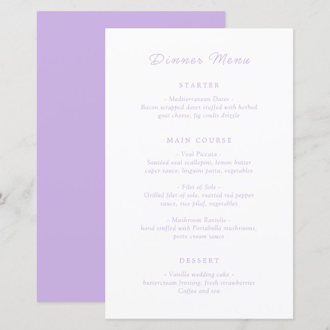 Zeitloses Lilac Classic Wedding Menu (Vorne/Hinten)