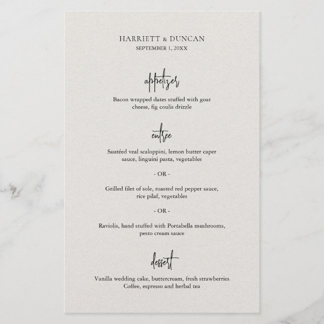Zeitloses neutrales Beige-Menü für Hochzeiten (Vorderseite)