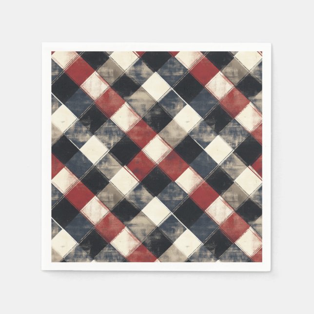 Zeitloses Retro Navy und Kariertes rotes Muster Serviette (Vorderseite)