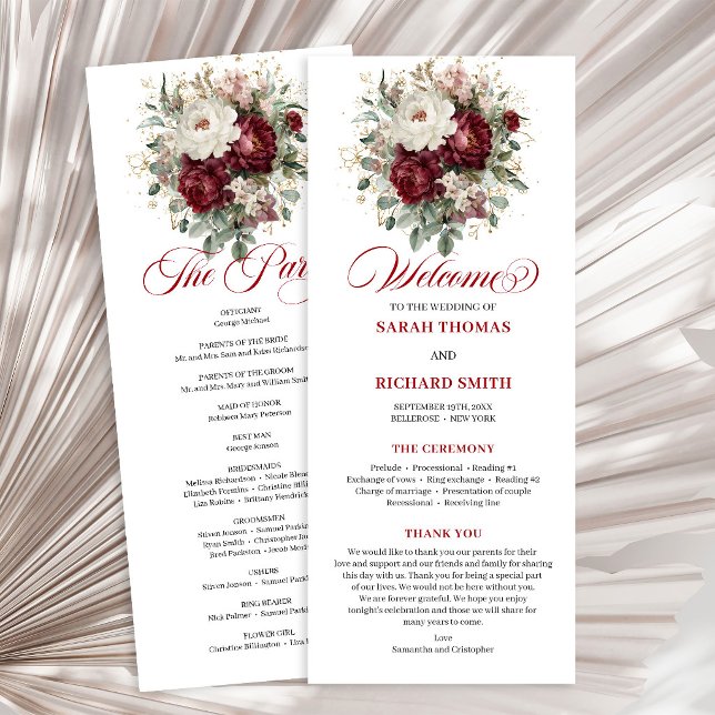 Zeitloses Rosafarbenes Burgunderrot Florales Hochz Programm (Timeless Blush Burgundy Floral Wedding Program)