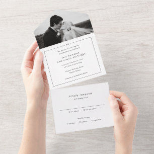 Zeitloses Schwarz-Weiß-Monogramm Moderne Hochzeit All In One Einladung