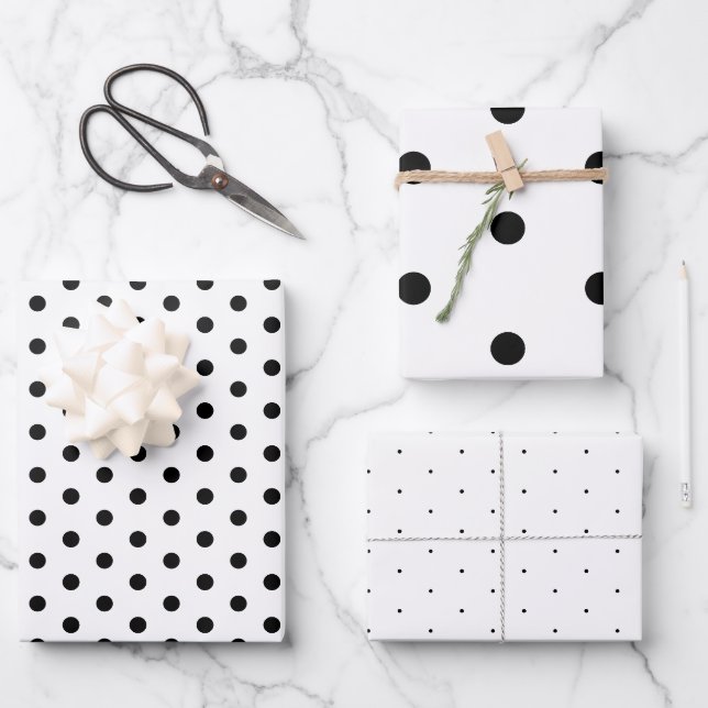 Zeitloses Schwarz-weißes Polka Dot Geschenkpapier Set (Vorderseite)