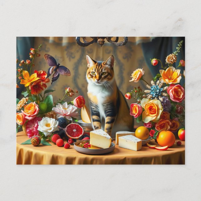 Zeitloses Stillleben mit Katze und Produktion Postkarte (Vorderseite)