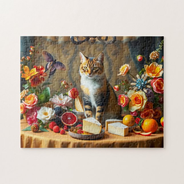 Zeitloses Stillleben mit Katze und Produktion Puzzle (Horizontal)