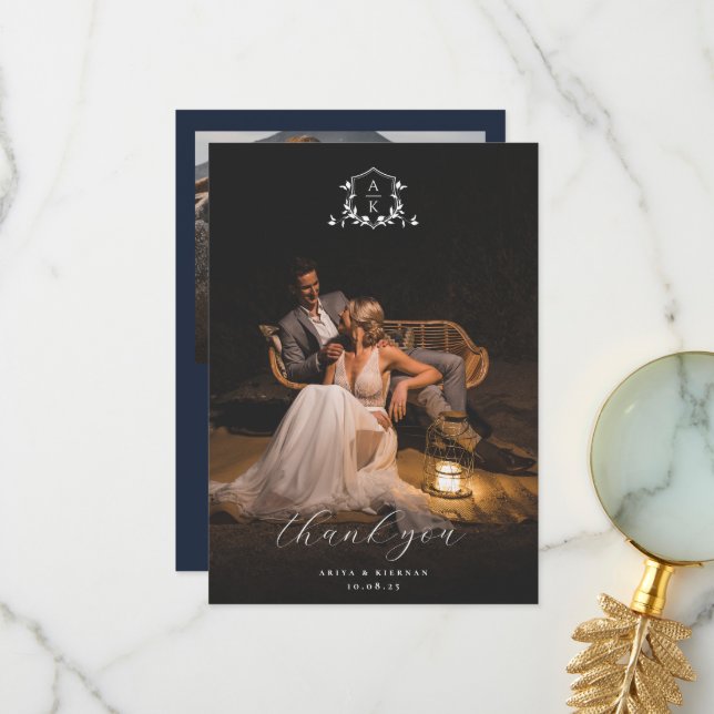 Zeitloses Wappen mit Monografie-Foto Dankeskarte (Vorderseite/Rückseite Beispiel)